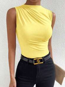 Blusa casual versátil con cuello alto y plisados para mujer - Amarillo - Ver 5