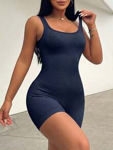 Mono elástico para mujer de moda simple y unicolor con ajuste ceñido - Azul marino - Ver 6
