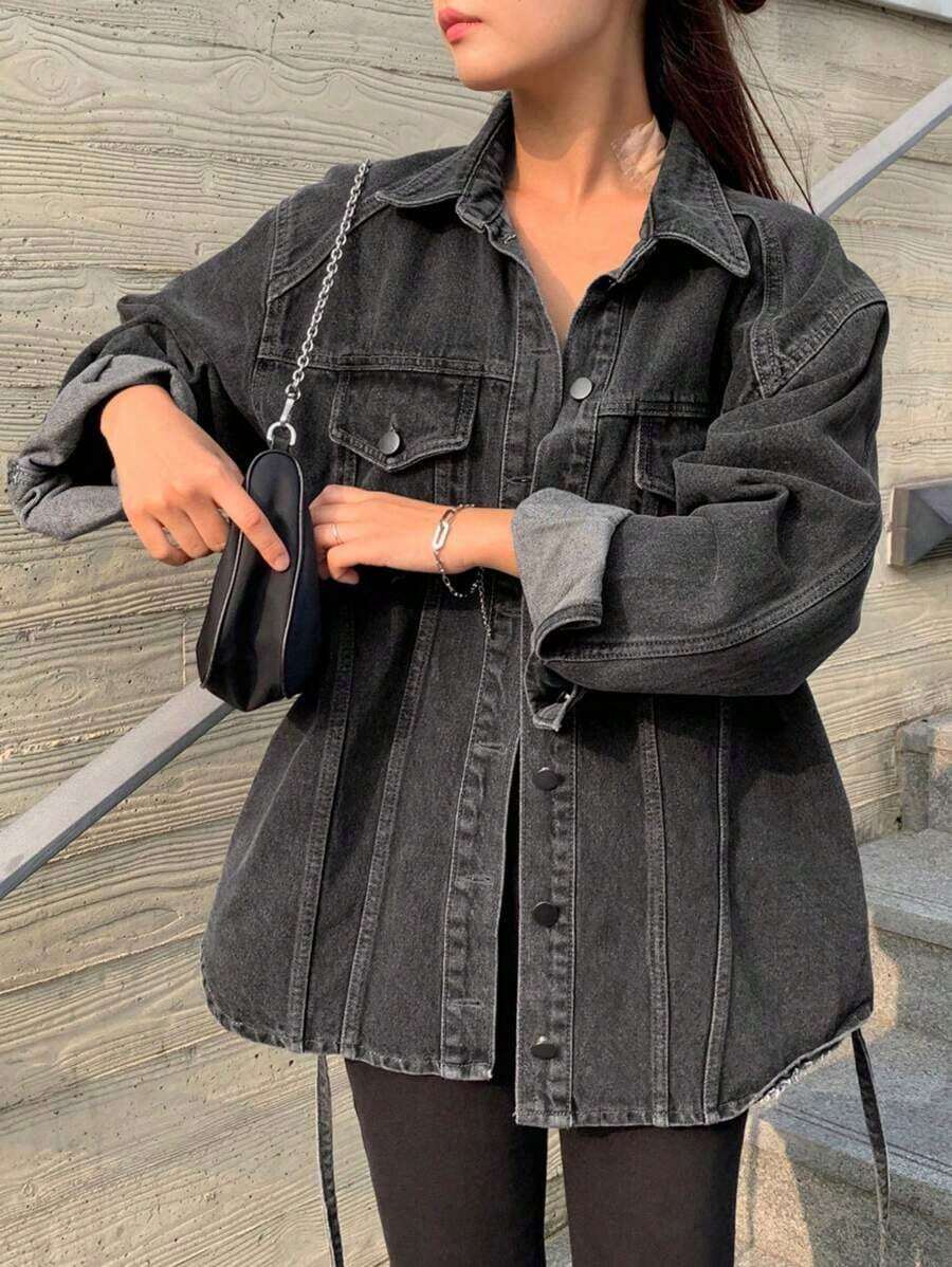 Jeans casuales de mujer con ajuste holgado, lavado desgastado y bajo con abertura, ropa de otoño, chaqueta de jeans de manga larga para mujer - Gris Oscuro - Ver 1