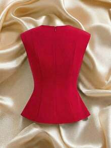 Top sin mangas para mujer con cuello redondo, cintura ceñida y lazo metálico - Rojo - Ver 2