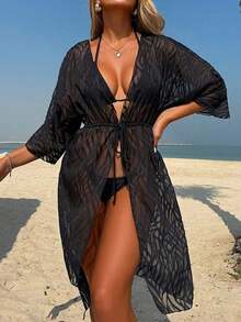 Vestido playero de manga larga con hombros descubiertos y cinturón en la cintura, de color sólido y jacquard, para mujer, negro, para vacaciones de verano. - Negro 2 - Ver 11