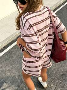 女款休閒復古粉色條紋針織兩件套，度假復古美式Y2K風格套裝，夏季優雅 - 粉色 - 查看 3