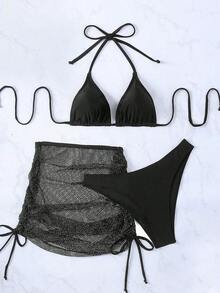 Conjunto de bikini de verano para mujer, de moda en la playa, sujetador halter sólido y Bottom de baño - Negro - Ver 4