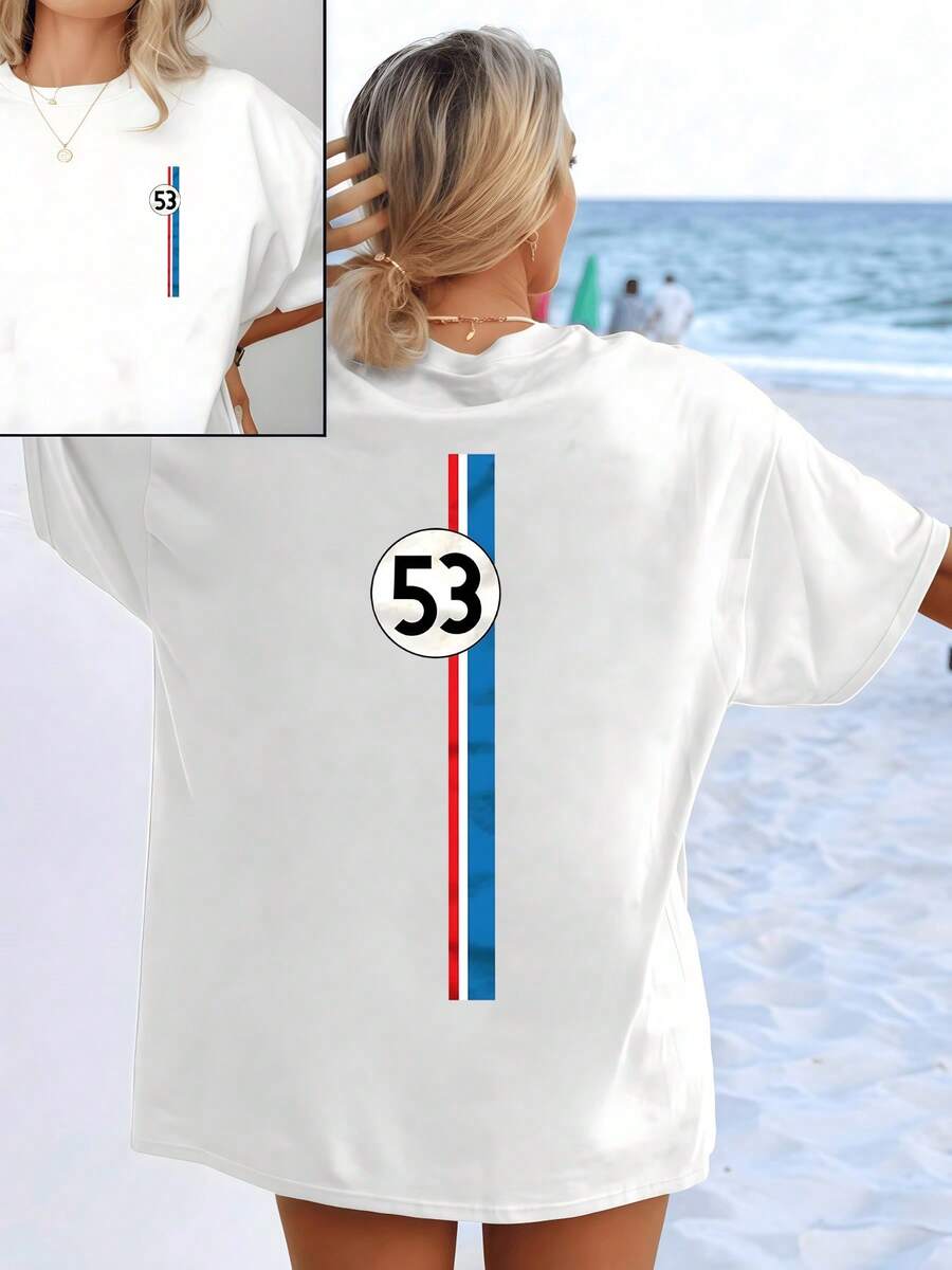 Number 53 With Blue And Red Stripes Symbolizes Energy, Movement, And Sporting Spirit, Evoking Speed And Freedom. Women's T-Shirt With A Modern And Casual Double Print - 白色 - 查看 1