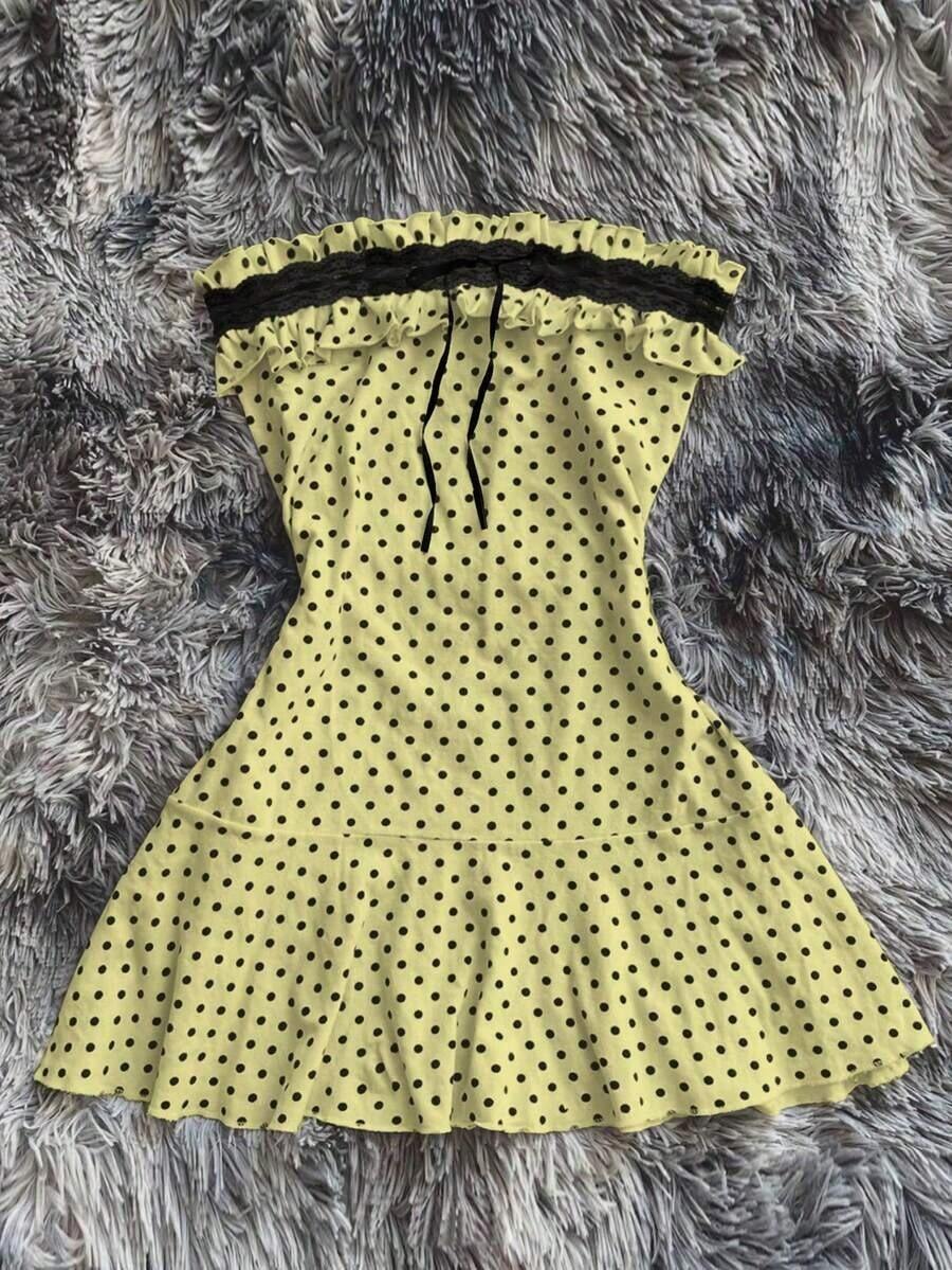 Vestido mini con volantes, estampado de lunares y encaje contrastante sin tirantes para mujer - Amarillo - Ver 1