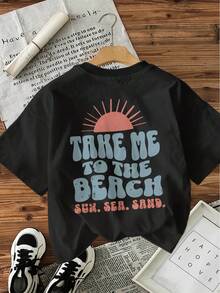 [Front And Back Images] Women's Short Sleeve Crew Neck T-Shirt - "Take Me To The Beach" Sun Print, Casual White Summer Blouse, Machine Washable For All-Season Comfort, Loose Fit Beach T-Shirt, Fun Print T-Shirt - 黑色 - 查看 3