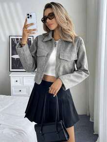 Women's Solid Color Long Sleeve Short Jacket With Utility Pockets, Spring And Autumn Clothing For Women - Grey - View 8