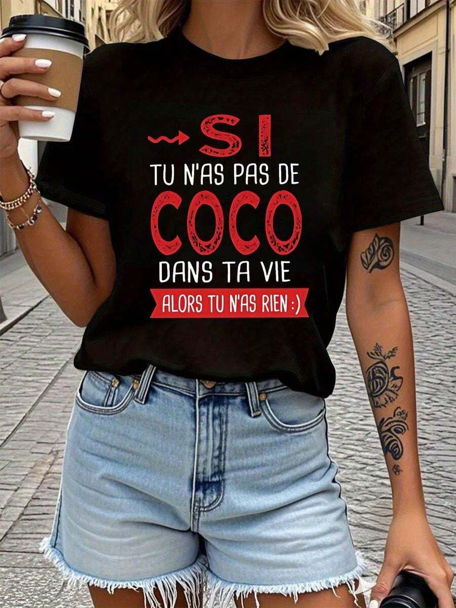 1 pieza clásica y versátil, camiseta de manga corta de algodón puro, adecuada para usar en cualquier estación. Para mujeres, frase divertida y humorística SI TU N'AS PAS DE COCO, estilo moderno y elegante - Negro - Ver 1