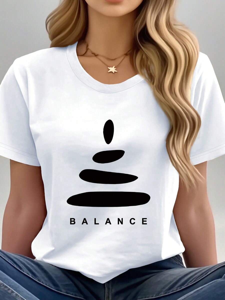 [Elegant BALANCE T-Shirt] Women's Short Sleeve T-Shirt, 100% Fashionable, With A Stepped Design Of Four Horizontal Ovals In Gradual Increase Printed On The Garment And The Word "BALANCE" Underneath. A Versatile, Casual, Elegant, Comfortable, Soft, And Breathable Blouse For Women. - 白色 - 查看 1
