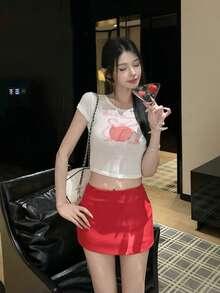 Dopamine Graphic Print Cropped Apple Short Sleeve T-Shirt, Fitted Midriff-Baring Top For Summer White - White - View 8