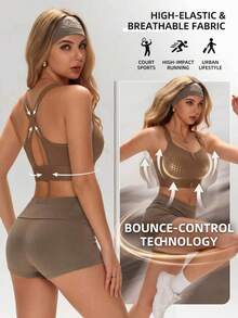 1pc Front Zipper Criss-Cross Back Sports Bra, Perforated Design, Wire-Free, Lift & Anti-Sag, All-Season, Home Wear, Inner Layer, Yoga, Fitness, Adjustable Shoulder Straps, Tank Top Style Underwear - Khaki - View 1