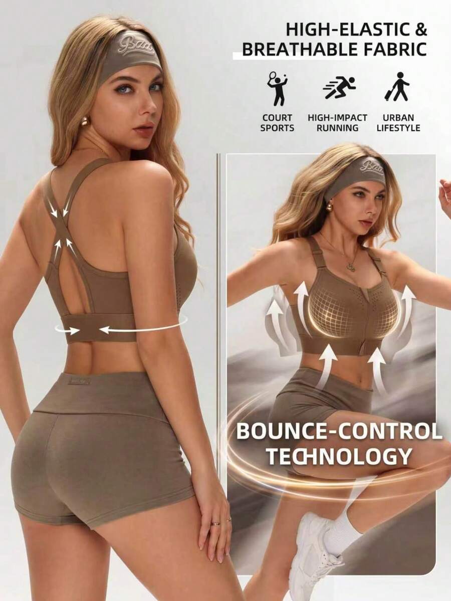 1pc Front Zipper Criss-Cross Back Sports Bra, Perforated Design, Wire-Free, Lift & Anti-Sag, All-Season, Home Wear, Inner Layer, Yoga, Fitness, Adjustable Shoulder Straps, Tank Top Style Underwear - Khaki - View 1