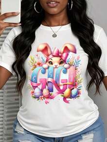 1 Piece Women's T-Shirt With Gigi Easter Bunny Print, For Spring, Easter Egg Hunt, Cute Rabbit Design, Fashion Casual Clothing, 180g, 100% Cotton - 白色 - 查看 3