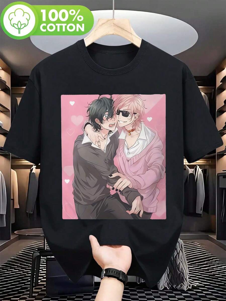 Yaliqi B Society Anime Romantic Couple Print T-Shirt - Loose And Soft Fit, Pink Character Print. Perfect For Everyday Wear And Gifts, Circus-Themed T-Shirt, Great For Vacations And Playtime, Excellent For Parties And Family Holiday Outfits, Summer Wear, Warm Weather Clothing. - 黑色 - 查看 1