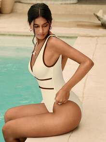Traje de baño de una pieza con escote profundo en 'V' y espalda en 'U' de unicolor elegante y sexy para mujeres en primavera - Albaricoque - Ver 3