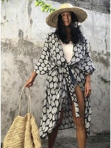 Beach Cover-Up With Leaf Print, Rayon, Vacation Sun Protection Cardigan, Bikini Cover-Up - 1D138-a Black With White - View 2