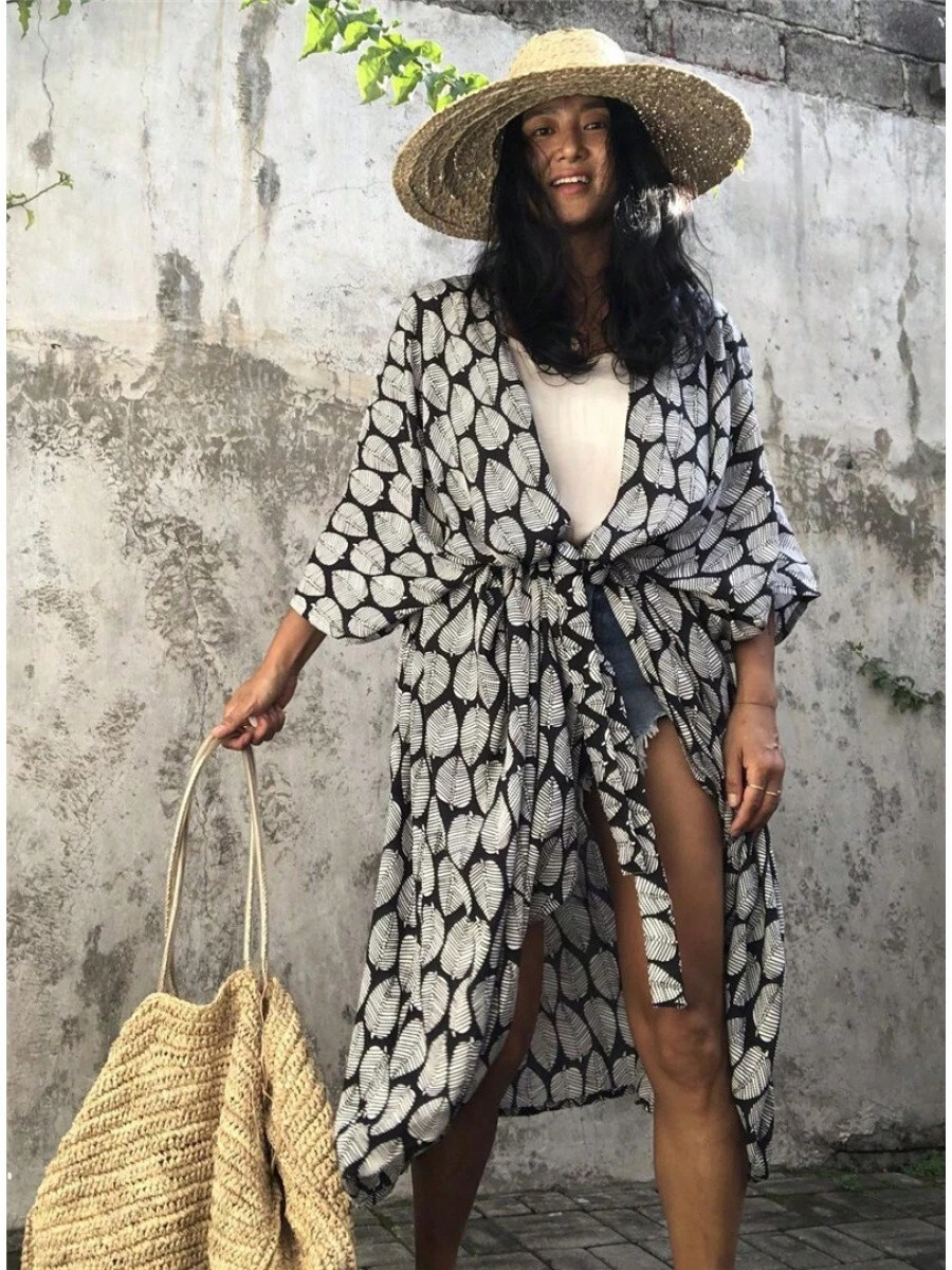 Beach Cover-Up With Leaf Print, Rayon, Vacation Sun Protection Cardigan, Bikini Cover-Up