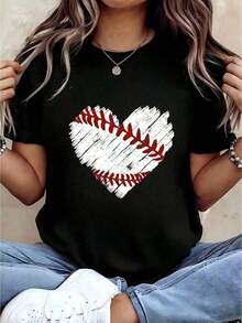 1 Piece Women's Baseball T-Shirt, Mom Baseball Letter Print T-Shirts, Women's Graphic Tees, Round Neck, Loose Casual T-Shirts, 180g 100% Cotton. - 3 - 查看 5