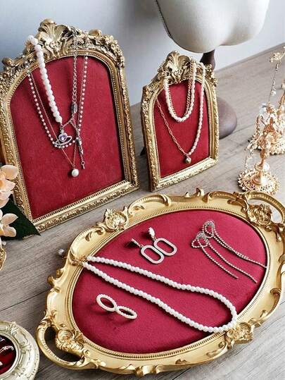Giá đỡ trang sức cưới màu vàng đỏ cổ điển, giá đựng trang sức vòng cổ, bông tai, trang sức cao cấp kiểu Pháp cổ điển, thích hợp để trưng bày bộ trang sức cưới, quà tặng ngày Valentine.