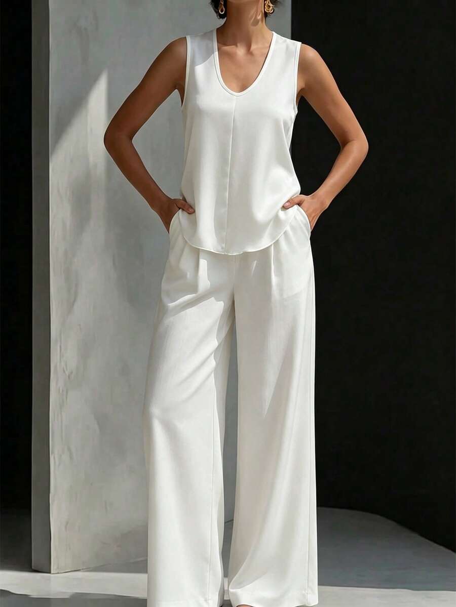 Conjunto de verano de dos piezas para mujer de PoPoHouse, con top blanco de escote en V sin mangas y pantalones anchos de cintura alta para playa, vacaciones, fiestas, salidas y elegante - Blanco - Ver 1