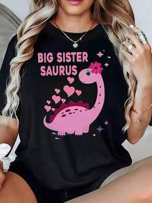 Tierna ilustración de dinosaurio rosa con corazones simbolizando cariño y unión familiar ideal para hermanas mayores camiseta para mujer 100% algodón suave y cómoda para uso diario - Negro - Ver 2