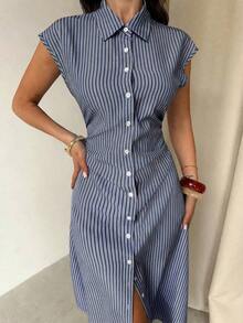 MEXFirerie Vestido midi de línea A con mangas abullonadas a rayas azules y blancas, vestido camisa con cintura anudada, vestido casual con cuello, falda midi a rayas con cintura ceñida, adecuado para primavera, verano, otoño, elegante, commuter, cita, trabajo, vuelta al colegio, día del maestro, ocasiones formales, vestido commuter de negocios, vestido minimalistaMEX KVPV - Azul marino - Ver 8