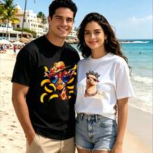 2-Piece Couple Matching Pattern T-Shirt, 100% Cotton, Loose Fit, Soft And Breathable, Casual Round Neck Short Sleeved Top Biker And Flag Design Floral Woman Portrait Versatile Patterns No Picky Combinations Coordinated Dating Casual Travel Simple And Cartoonish Printing Styles High - 黑色 - 查看 1