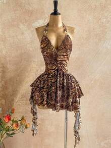Vestido azul impreso de malla de punto con escote de halter romántico de vacaciones para mujeres - Multicolor 4 - Ver 3