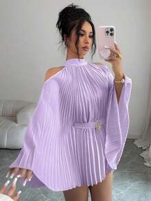 Elenzya Elegante camisa/blusa de mujer con mangas acampanadas y cintura ceñida para vacaciones - Morado - Ver 5