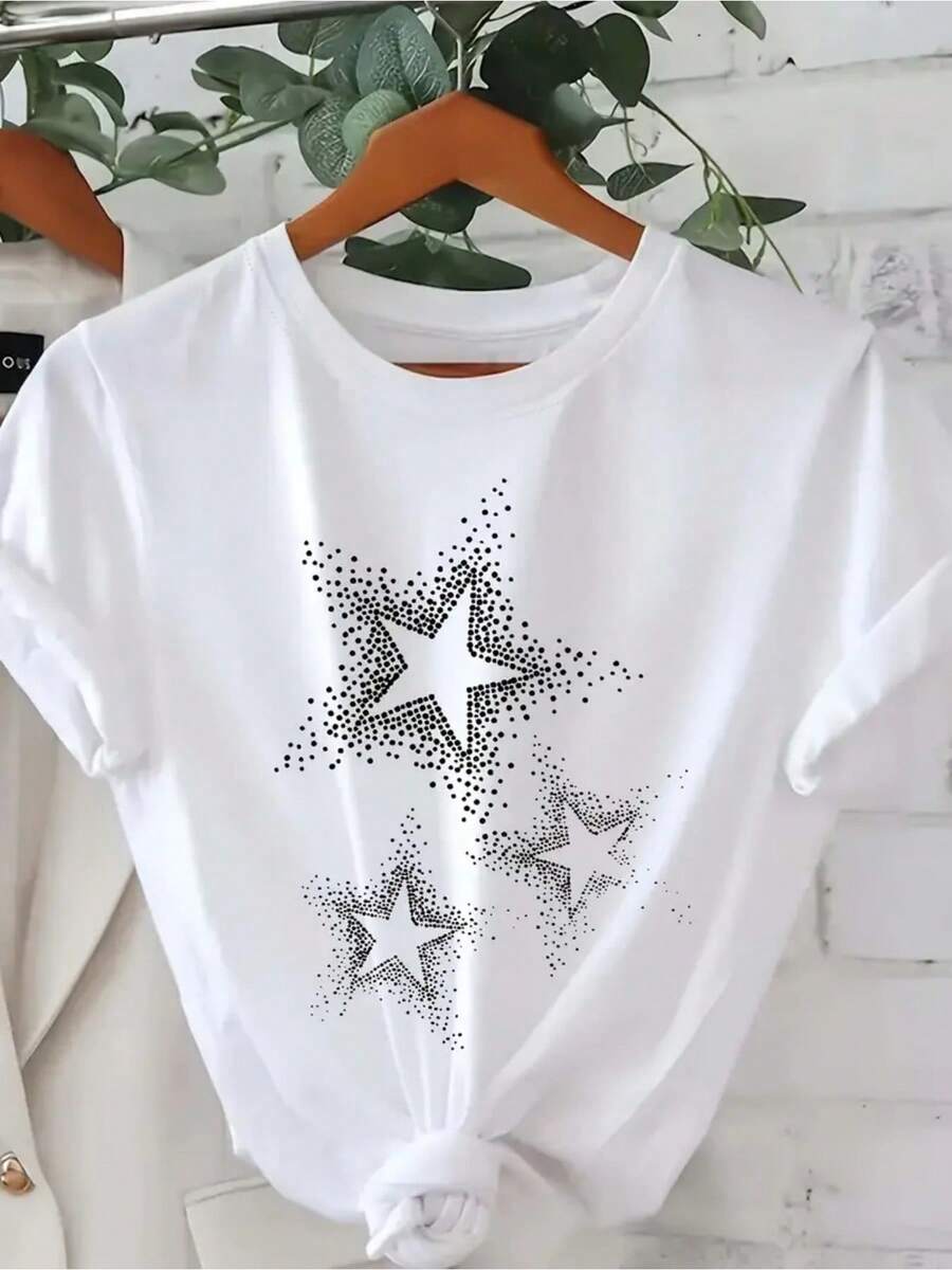 Camiseta Casual de Manga Corta para Mujer, Talla Grande - Negra con Estampado de Estrellas Blancas, Cuello Redondo, para Primavera y Verano, Lavable a Máquina, Comodidad para Uso Diario - Blanco - Ver 1