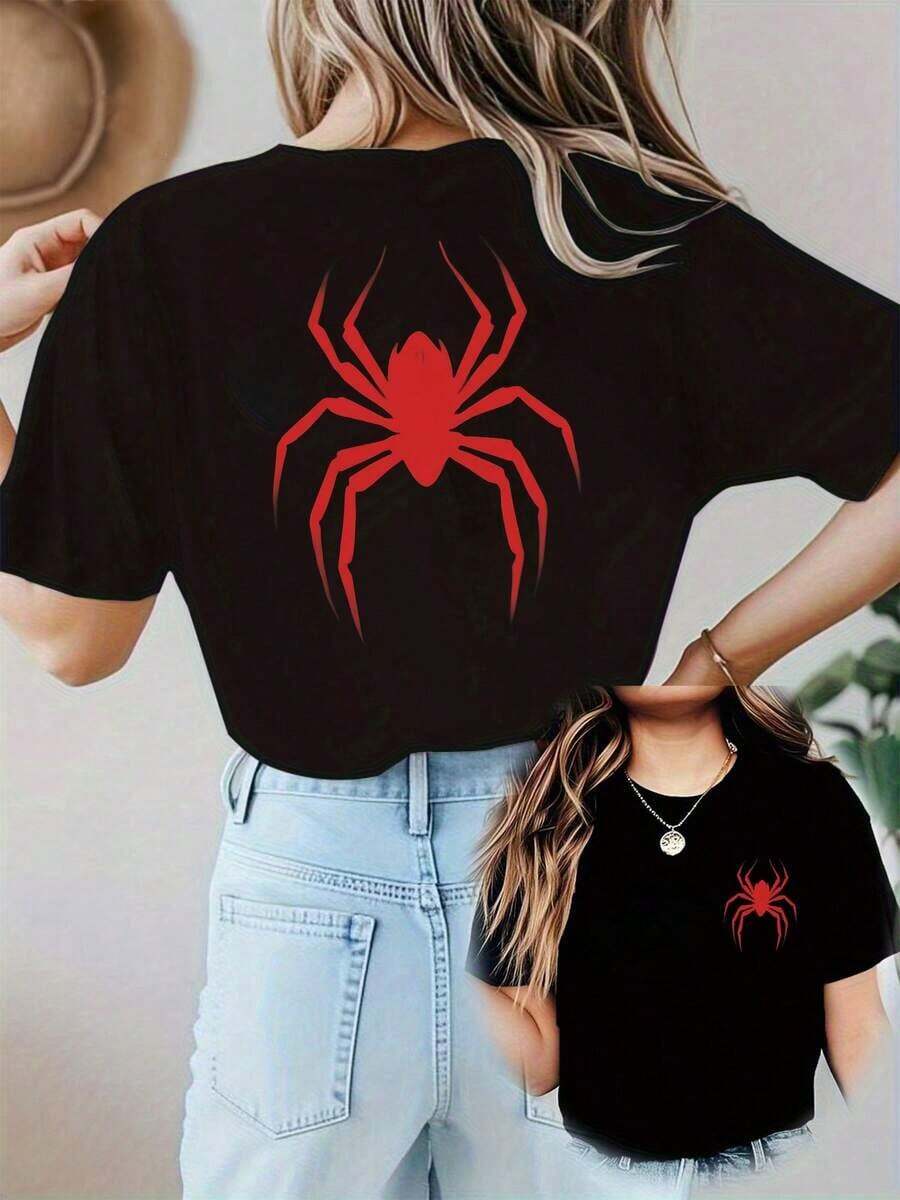 Red Spider Symbol Representing Courage And Feminine Energy On A Dark Background Conveying Power; Double-Sided Women's T-Shirt With Intense Print, 100% Cotton, Comfortable And Modern - 黑色 - 查看 1