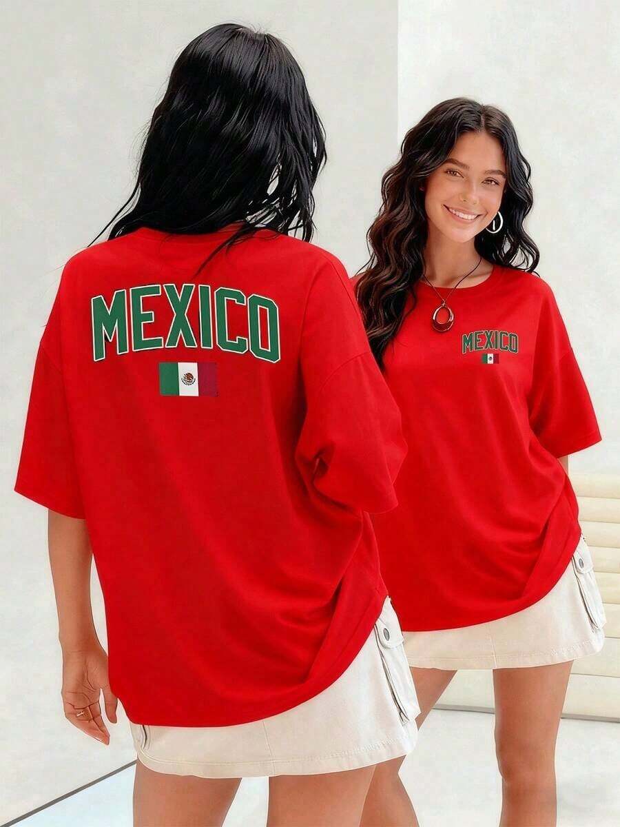 Mexican Flag With Golden Eagle On Cactus, Women's T-Shirt Represents Pride And Cultural Heritage. Show Your Passion For Mexico With This 100% Cotton Garment! Suitable For Spring, Summer And Autumn - 紅色 - 查看 1