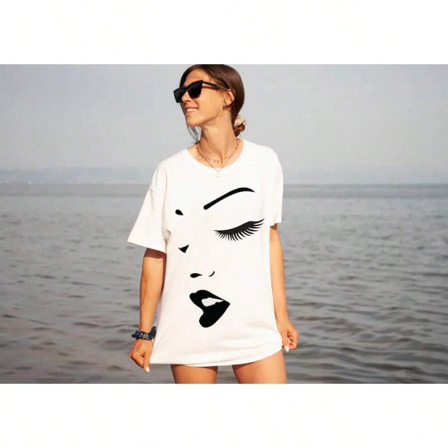 Sudadera de mujer con estampado de rostro, camiseta de mujer con estampado de rostro, camisa de mujer de alta calidad - Blanco - Ver 1