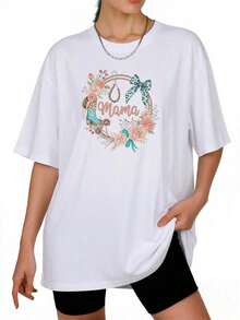 Camiseta de diseño estampado informal 100% algodón para mujer, ropa de talla grande para mujer, adecuada para todas las estaciones, cómoda y transpirable, regalo para el Día de la Madre, camiseta, camiseta estampada, conjunto madre-hijo, cálida, acogedora, tops de verano 2026, atuendos cotidianos para mujer, adecuada para primavera, verano y otoño. - Blanco - Ver 1