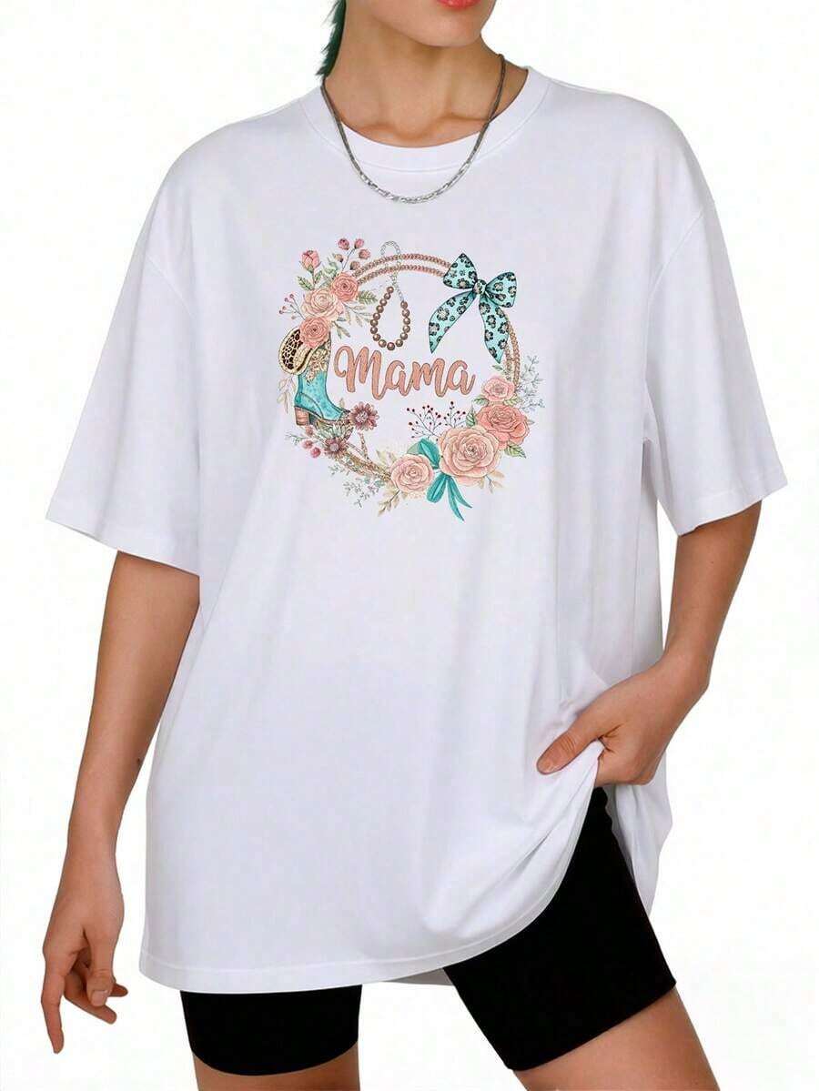 Camiseta de diseño estampado informal 100% algodón para mujer, ropa de talla grande para mujer, adecuada para todas las estaciones, cómoda y transpirable, regalo para el Día de la Madre, camiseta, camiseta estampada, conjunto madre-hijo, cálida, acogedora, tops de verano 2026, atuendos cotidianos para mujer, adecuada para primavera, verano y otoño. - Blanco - Ver 1