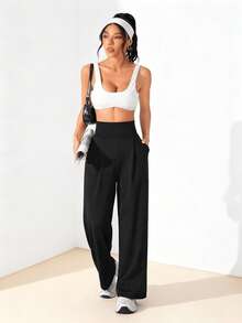 Women's Black Polyester High Stretch Wide Leg Long Pants For Casual & Party Wear, Stylish And Comfortable Fashion Trousers. - 黑色 - 查看 3