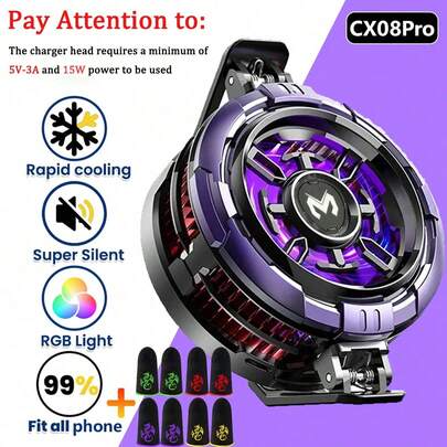 MEMO CX08 2025 新款磁吸式散热片，快速降温手机散热器，[5V-3A] 15W 充电器适配器供电，无需电池，大功率适用于智能手机、平板电脑、直播、游戏，附带 4 个游戏指套