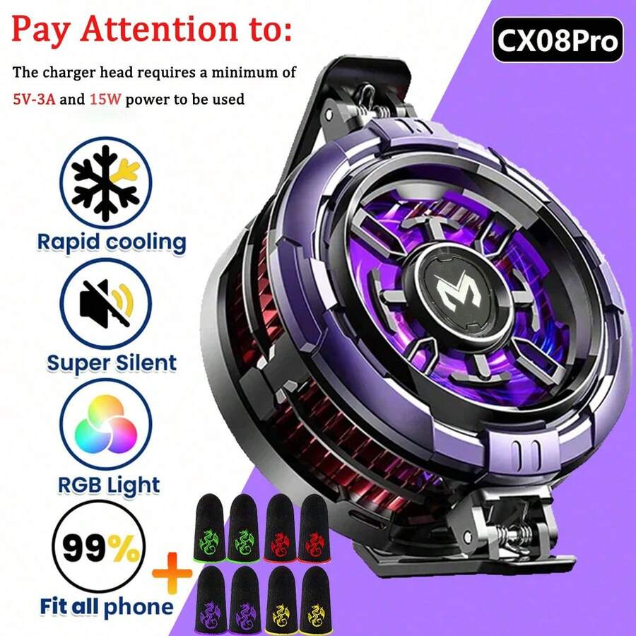 MEMO CX08 2025 新款磁吸式散热散热器 - 快速手机散热散热器，5V-3A 15W 充电适配器，大功率，适用于智能手机/平板电脑/直播/游戏，含 4 个游戏指套