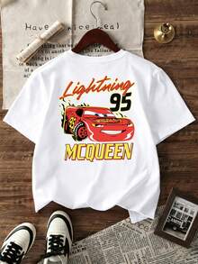 [Authorized] Lightning McQueen 95 Cars Print Disney Boys Summer Round Neck Casual T-Shirt, Slightly Stretchy Fabric, Suitable For Birthday Gifts, Perfect For Daily Activities, Sports, And Travel, Summer T-Shirts For Boys - White - View 3