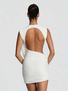Vestido sin Mangas con Cintas Asimétricas, Espalda Descubierta Ajustado Color Sólido Estilo Casual - Blanco - Ver 4