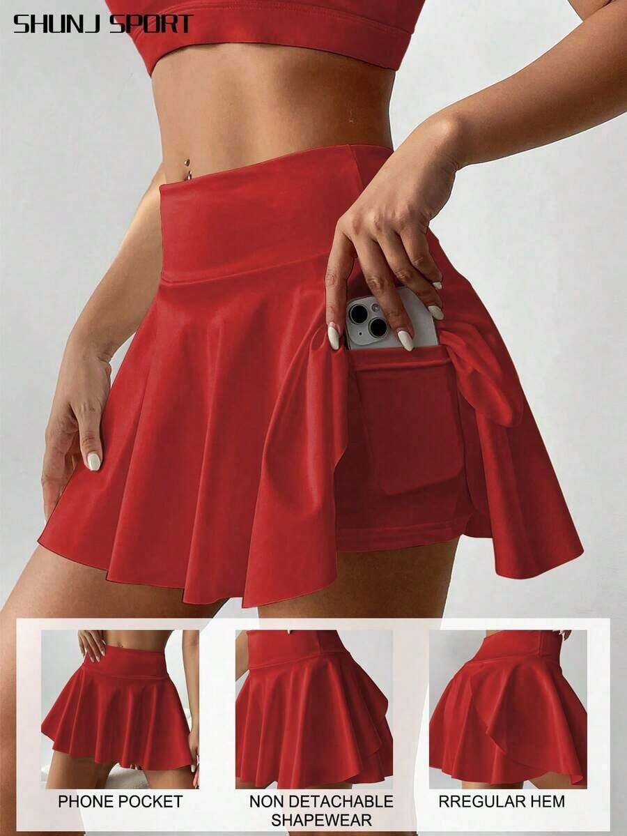Pantalón falda de tenis de cintura alta blanco, pantalón corto/falda 2 en 1 antideslumbrante para golf/bádminton/fitness con bolsillos, falda pantalón deportiva de verano para yoga, correr al aire libre, nueva ropa de mujer en negro - Rojo fuego - Ver 1