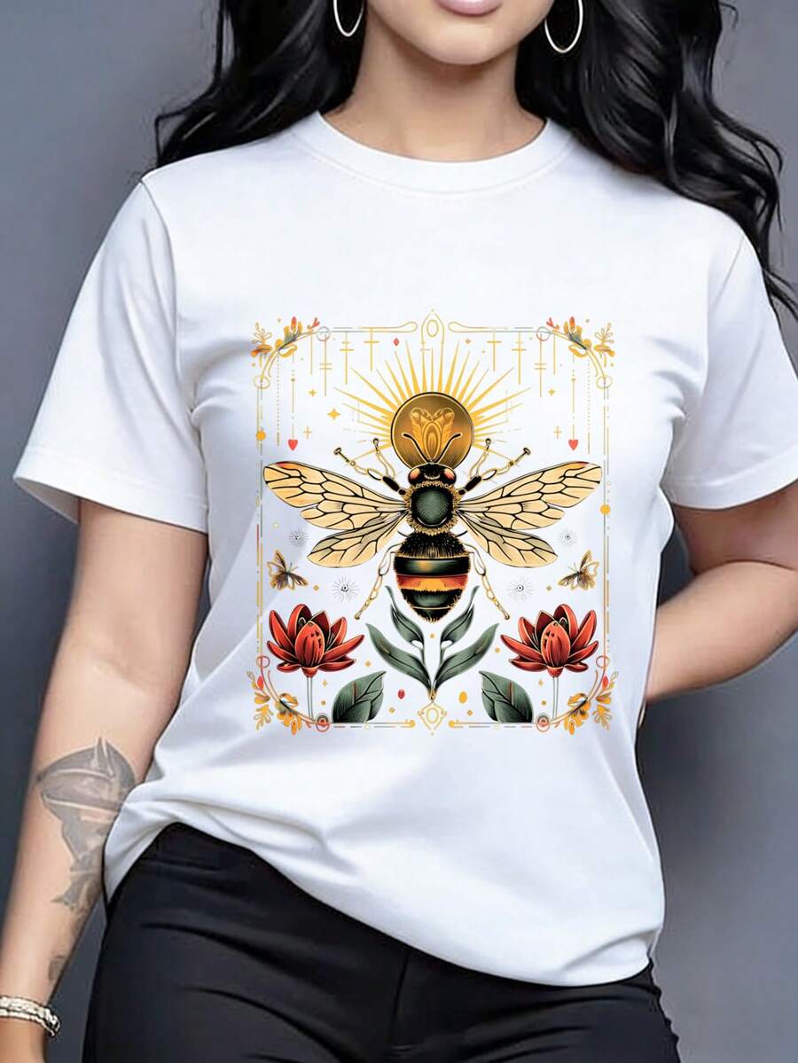 Camiseta de cuello redondo para mujer, estampado de abeja vintage con lotos y líneas decorativas, tonos dorados y rojos, estilo elegante y misterioso - Blanco - Ver 1