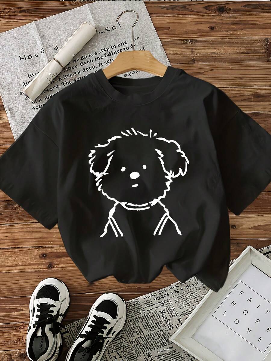 Camiseta con estampado de dibujos animados, cuello redondo, manga corta, top para mujer, camiseta deportiva casual - Estilo vintage urbano, unisex, holgada, de algodón, manga corta, cuello redondo, blusas para mujer. blusas.blusas casuales para dama. - Negro - Ver 1