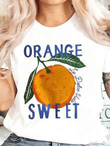 Casual Orange T-Shirt With Sweet Fruit Print, Women's Summer Casual Top, 220g, 100% Cotton, Durable - 白色 - 查看 2