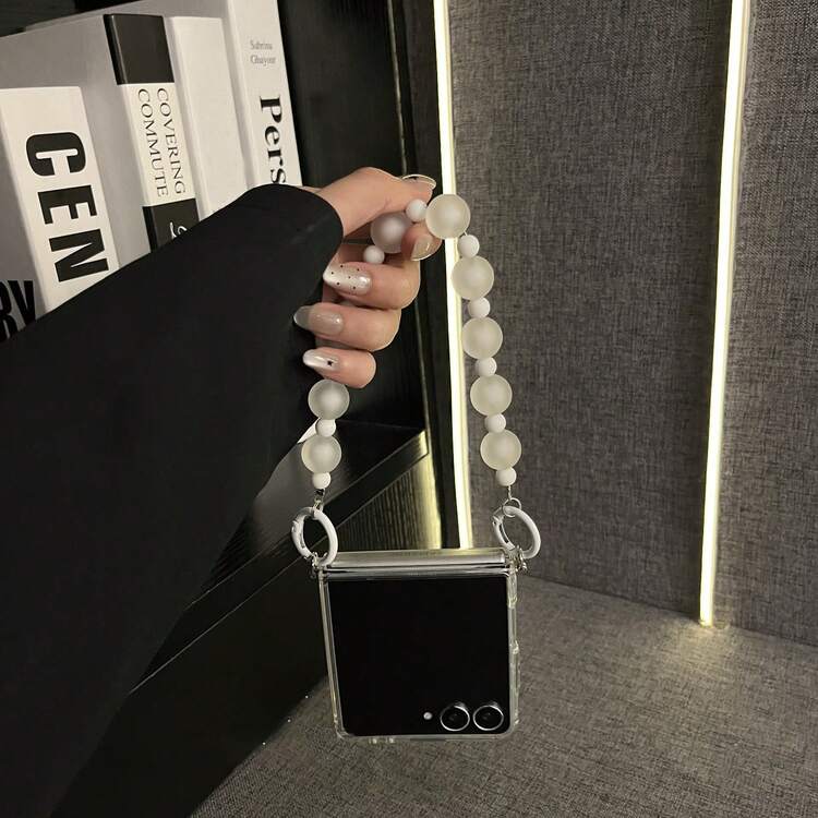 简约透明软壳手机壳，配白色珠链手链，兼容三星 Galaxy ZFlip7、ZFlip6、ZFlip 5，防震后盖 - 無色 - 查看 6
