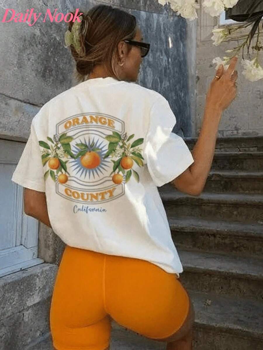 ropa de mujer Camiseta Casual con Estampado de Womens Orange County, Alta Elasticidad, Cuello Redondo, Manga Corta, Lavable a Máquina, Blanca, Ropa de Playa de Verano, Ajuste Cómodo para Todas las Temporadas, Tela Transpirable, Diseño Sencillo para Uso Diario, Camisetas Casuales para Mujer, Ropa de Calle para Vacaciones, Camisas de Mujer - Blanco - Ver 1