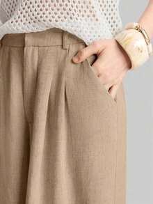 Ontre 2026SS Nuevos pantalones de pierna ancha para mujer, pantalones casuales y sueltos con cintura plisada, adecuados para estilo bohemio, Ibiza, vacaciones, festivales, invitados de boda, oficina, maestros, vuelta al colegio, con bolsillos, ajuste relajado, elegante estilo urbano chic, pantalones versátiles para mujer para primavera/verano - Caqui - Ver 3
