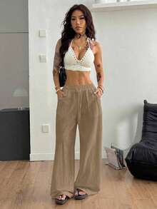 Pantalones blancos de algodón 100% lavados, con dobladillo curvo, para mujer, estilo básico minimalista, para ir a conciertos campestres de verano, salir, playa y vacaciones bohemias.Ropa de mujer para otoño. - Caqui 2 - Ver 5