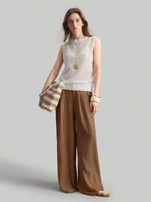 Ontre 2026SS New Women's Wide Leg Trousers, Casual Loose Pants With Pleated Waist, Suitable For Bohemian Style, Ibiza, Holidays, Festivals, Wedding Guests, Office, Teachers, Back To School, With Pockets, Relaxed Fit, Stylish Urban Chic Style, Versatile Women's Trousers For Spring/Summer - 棕色 - 查看 6