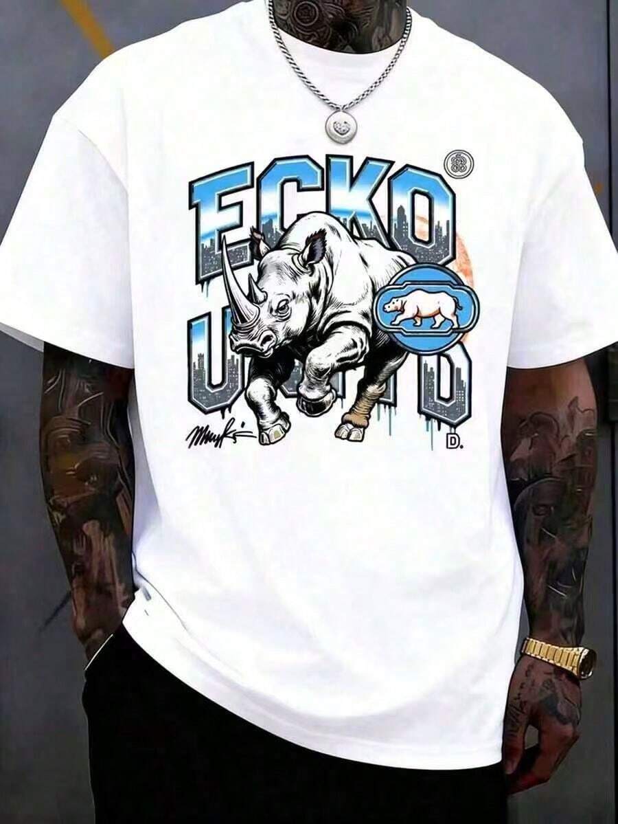 The Iconic ECKO Unltd Graphic Features A Bold Rhino Emblem With Urban Camouflage Lettering Symbolizing Strength Individuality Urban Culture 220g - 白色2 - 查看 1